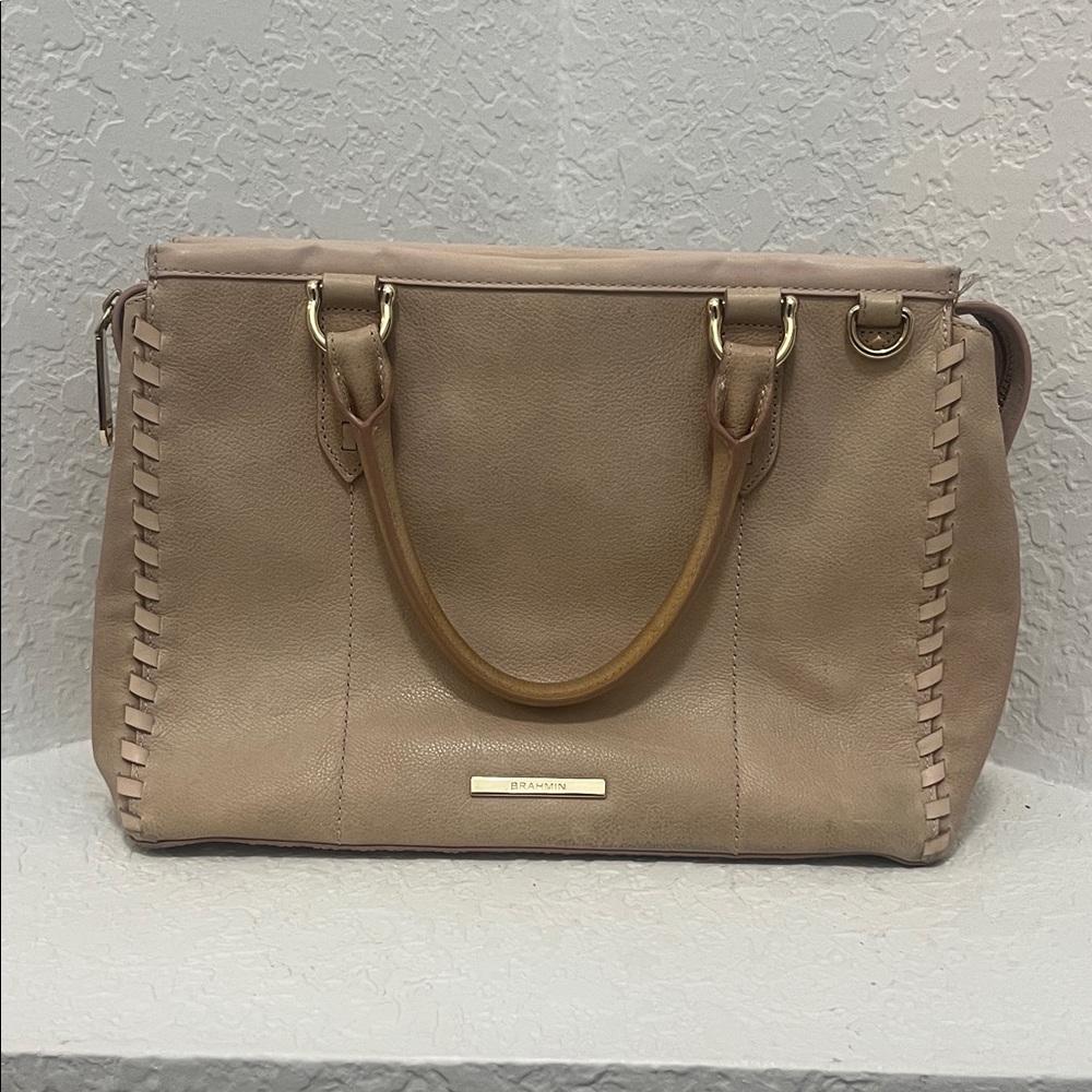Brahmin Beige with Light Pink Whipstitch Satchel